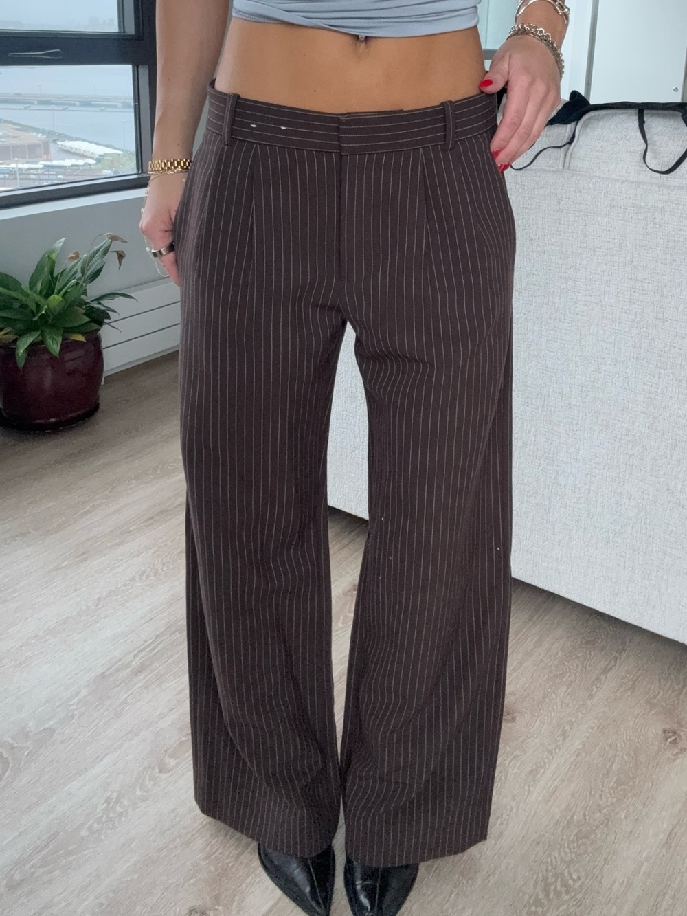 Brown Pinstripe Wide-Leg Pants